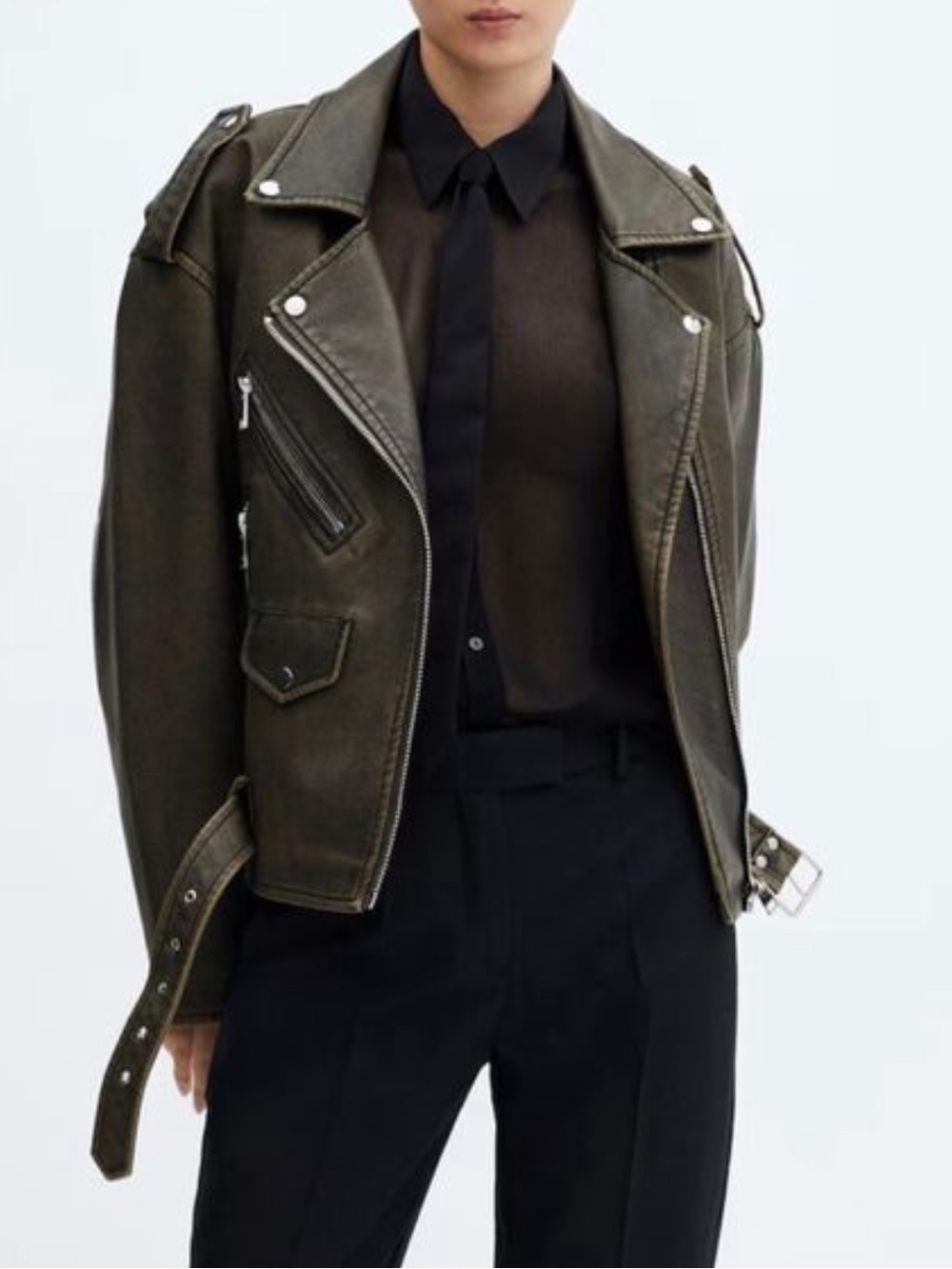 “oversized worn effect biker jacket” - faux leather jacket with silver hardware
